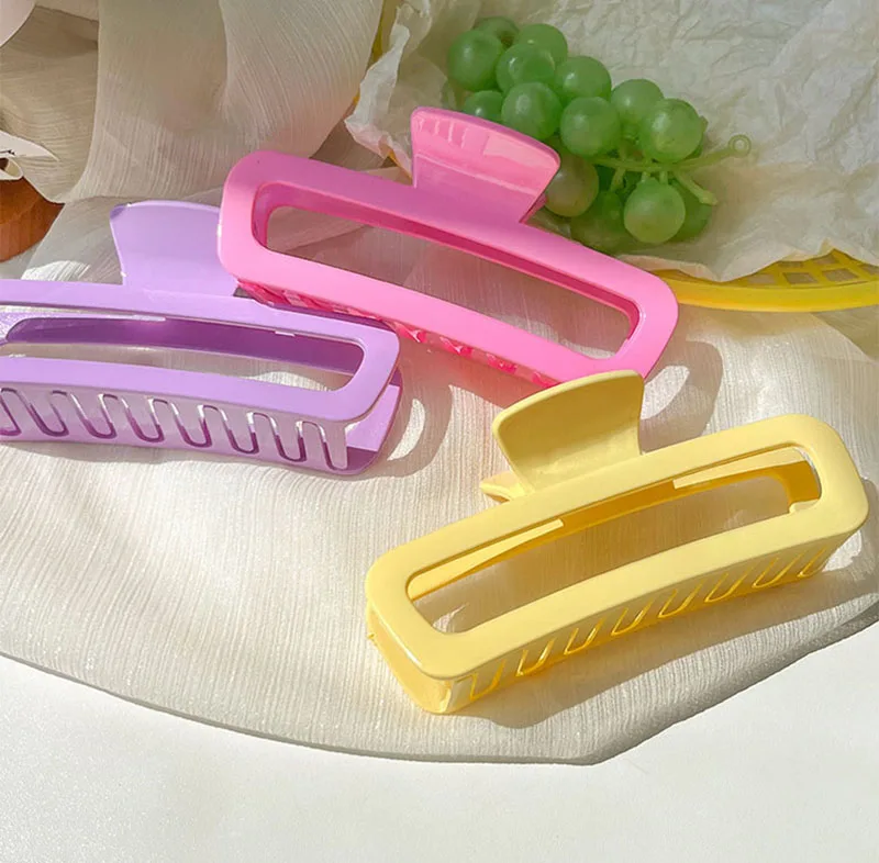 Candy Color Hollow Rectangle Large Hair Claw Clips Summer Women Shark Clip Ponytail Clips Oversized Hair Crab Clips Hairgrips