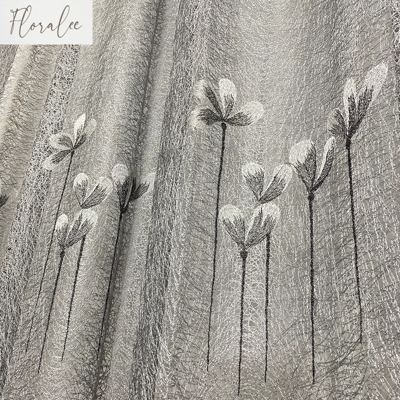 High-end grey embroidered bird's yarn luxury curtains for living room bedroom window screen embroidered hollow jacquard tulle