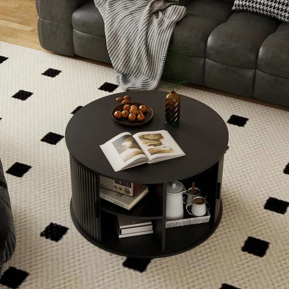 Mid Century Modern 31.5 Round Coffee Table with Fluted Design and Storage Shelf