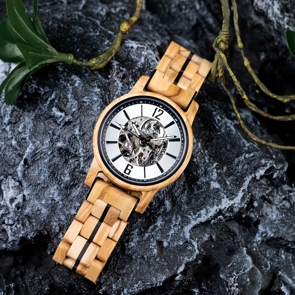 BOBO BIRD Wooden Automatic Mechanical Watch Men New Top Luxury Wristwatch Fashion Luminous Clock Great Gift Wood Box Custom Logo