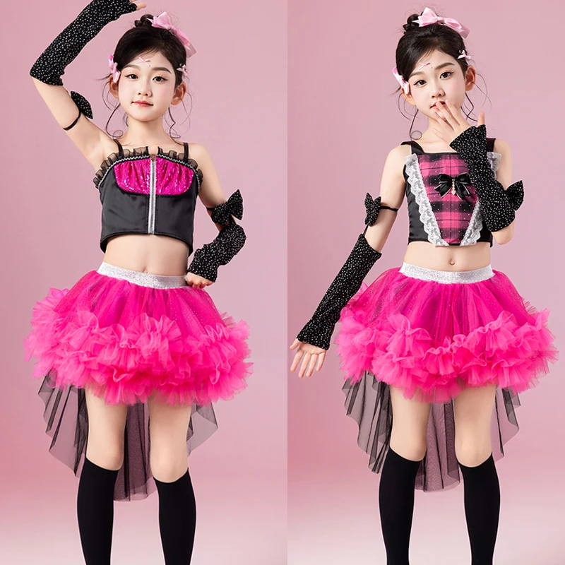 

2025 New Cheerleading Kpop Outfit For Girls Jazz Dance Performance Costume Kids Group Competition Suits Stage Wear XS9769