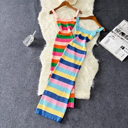 Chic Elastic Sexy Wrap Hips Maxi Long Dress Women Y2K Rainbow Knitted Bodycon Summer Dress Streetwear Ladies Outfits Sundress