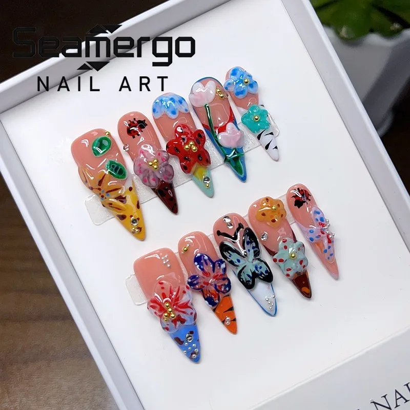 

10PCS Long Stiletto Press on Nails Handmade Tropical 3D Flowers Fake Nails Colorful Butterfly French Artificial Nails for Women