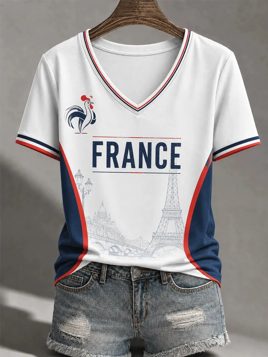 France Football Jersey Navy Tricolor Stripe Rooster Emblem Vintage Landmark Print Men Short Sleeve Soccer Fan Top