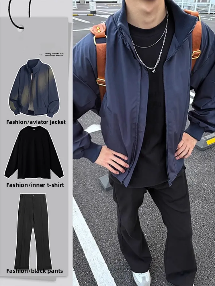 

Cool Men's Flight Jaet Set with Stand Collar American Retro Workwear Outerwear Tee-piece Set for Autumn Long Sve Pants