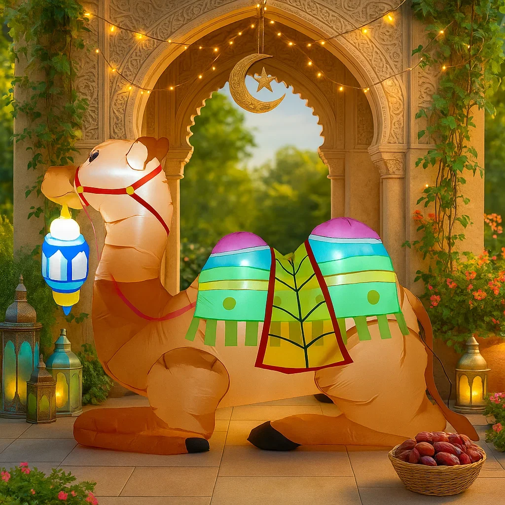 1.8M/6FT Ramadan Colorful Pattern Inflatable Camel Decor LED Lights Lantern Islamic Holiday Supplies Ramadan Inflatable For Yard