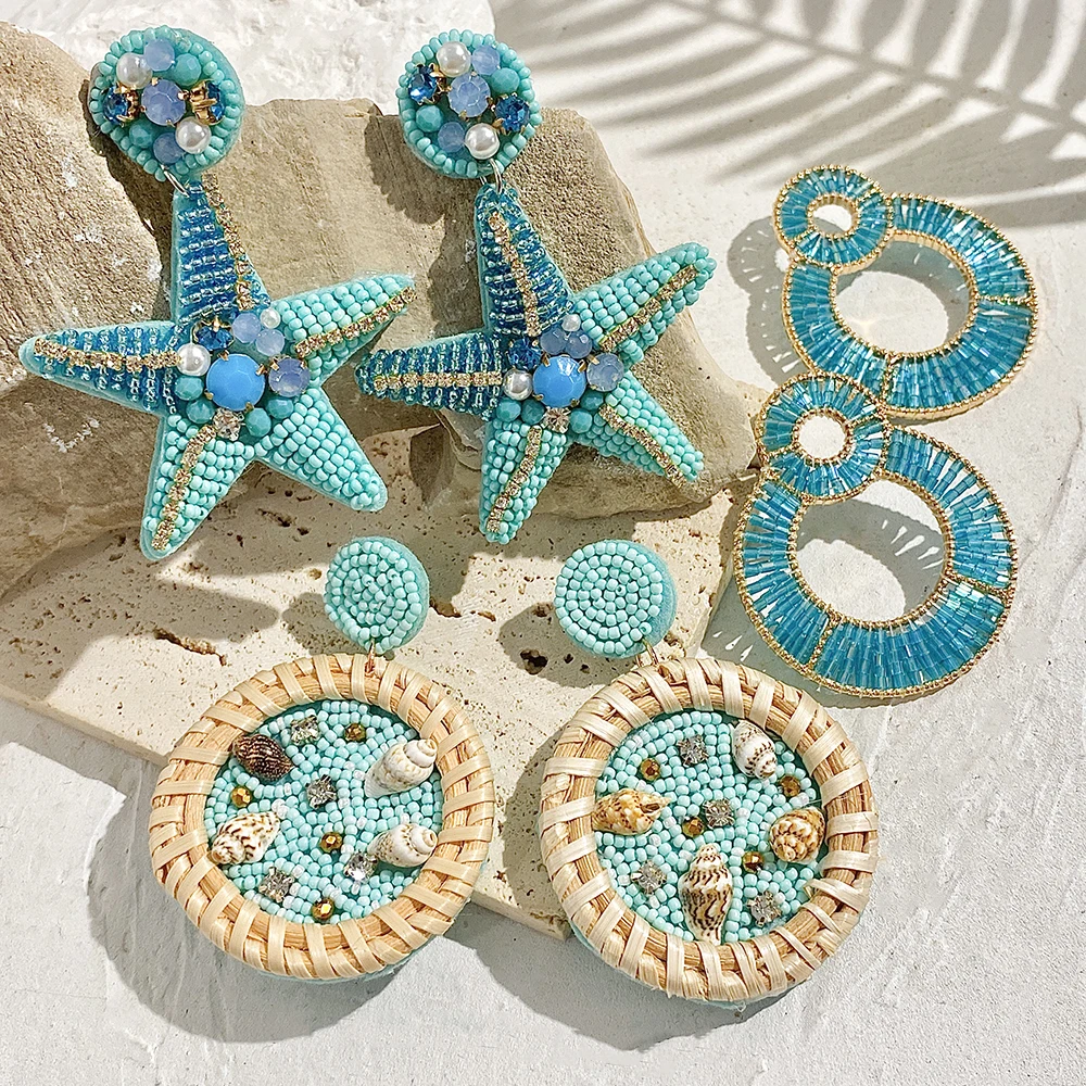 Bohemia Handmade Beaded  Shell Turtle Lobster Beach Drop Earrings For Women New Summer Colorful Starfish Pearl Wooden Earring