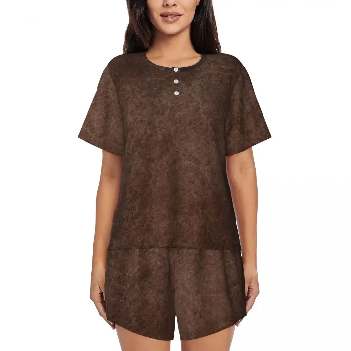 

Brown Leather Vintage Textures Pattern Round Neck Short Sleeve Nightgowns for Sleepshirts Women Loose Pajama Set Short Pants