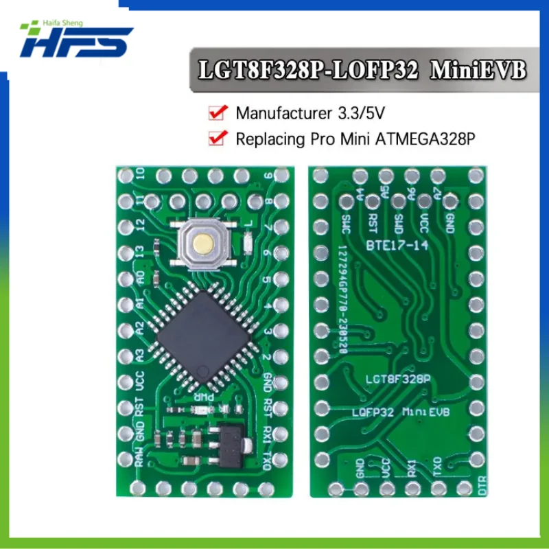 

Replaces Pro Mini ATMEGA328P, LGT8F328P, LQFP32 MiniEVB, Fully Compatible for Arduino Use, HT42B534-1 Driver, 3.3V, 5V