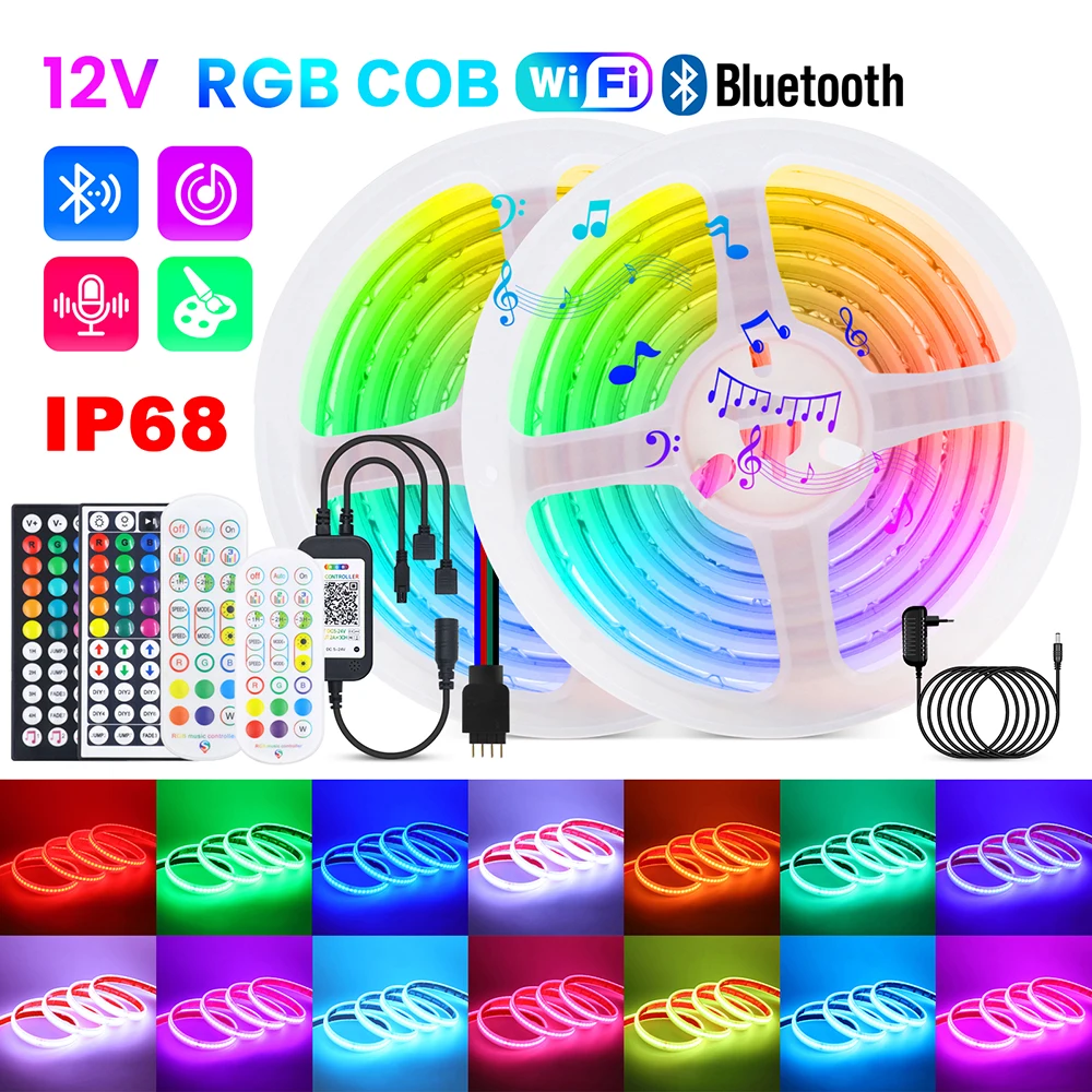 

IP68 Waterproof RGB COB LED Strip Light WiFi Bluetooth-Compatible Remote Control 12V Power Kit 576 LEDs Flex Silicone Tube Lamp