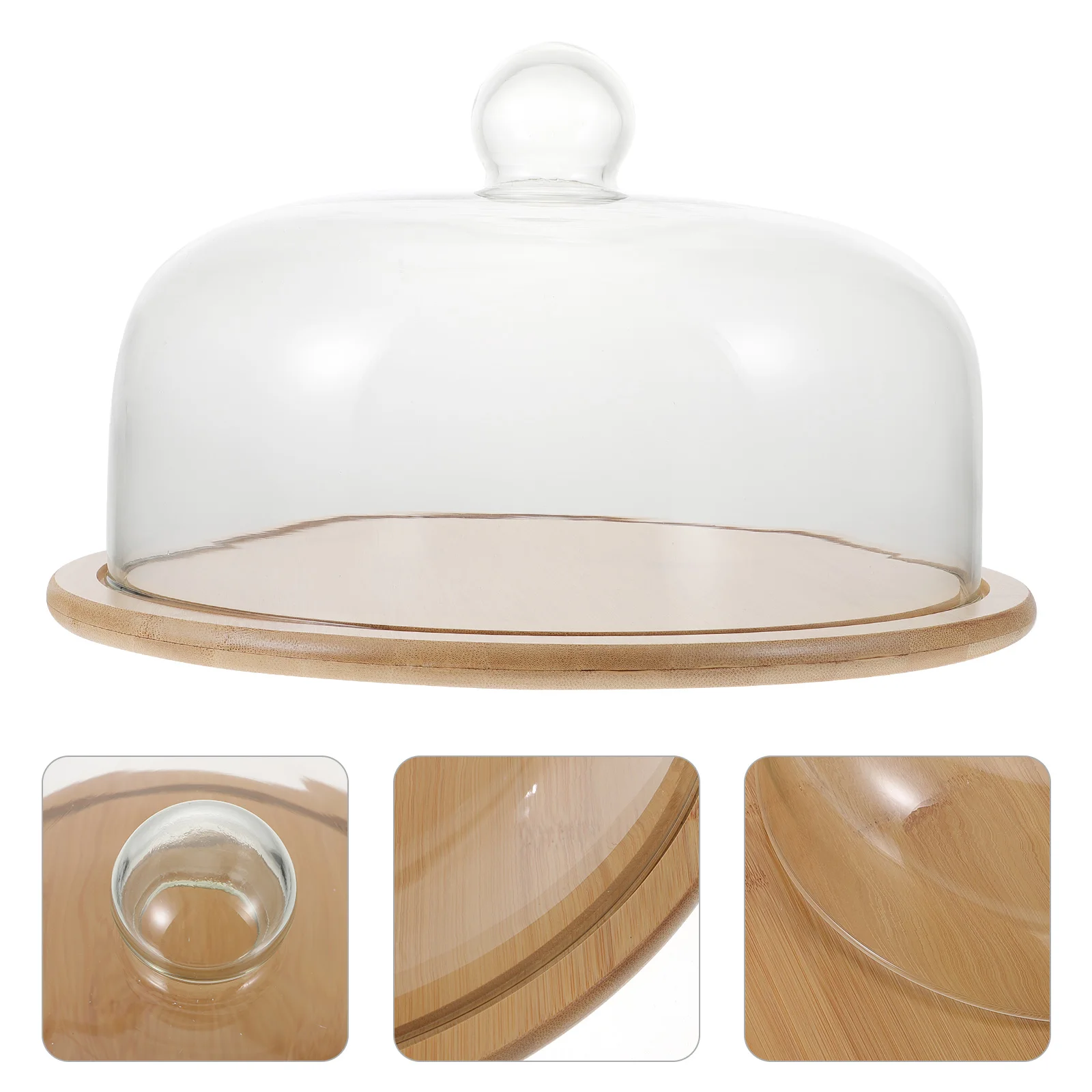 

1 set Cake Glass Cover Food Grade Safe Transparent Tray Lid Set Bamboo Wood Dessert Plate Fly Proof Kitchen