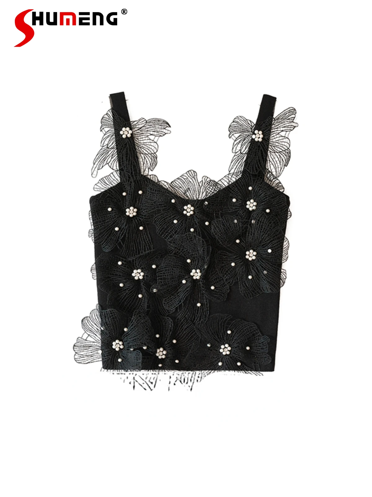 

2024 Summer New Female Temperament Tank Tops Beaded Pearl Lace Flower Camisole Short Slim Fit Women's Sleeveless Knitted Blouse