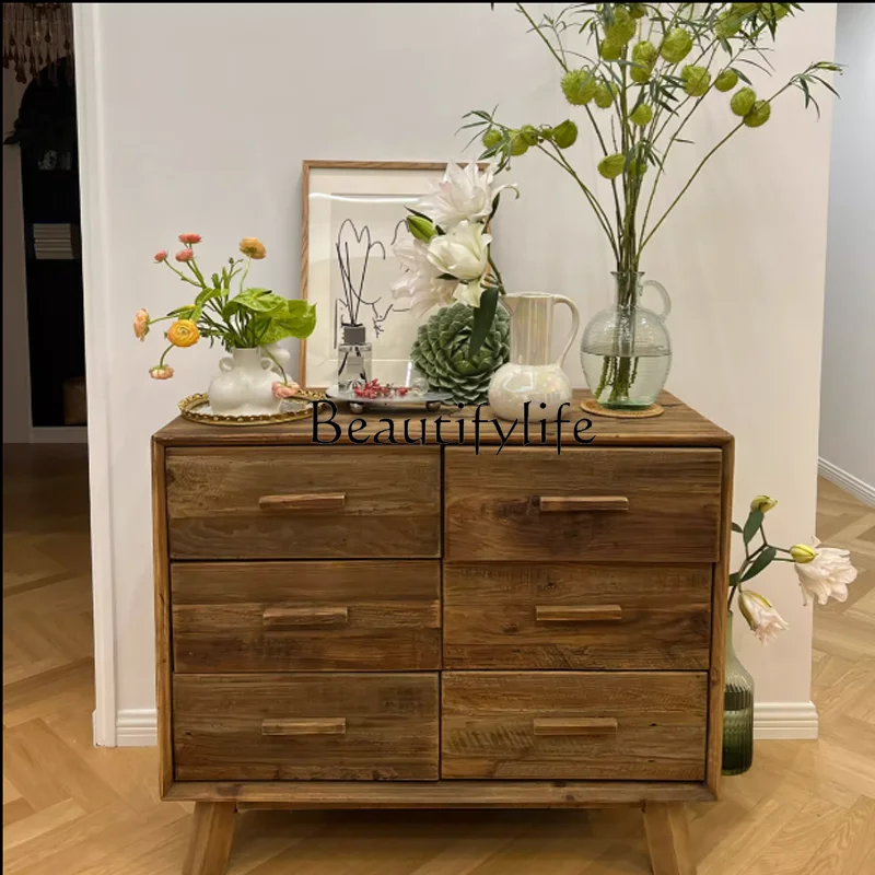 

American Log Chest of Six Drawers Living Room Solid Wood Vintage Locker Pine Wall Sideboard Cabinet