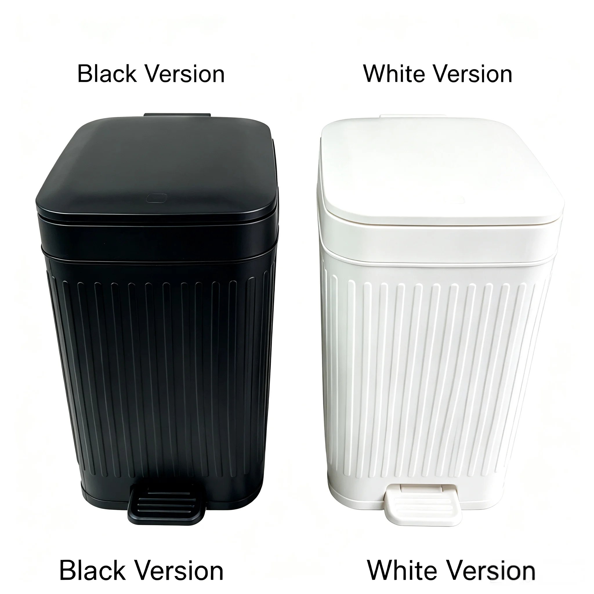 Dual‑Opening Pedal Trash Can, Foot Pedal & Press Top Lid Plastic Waste Bin, Vertical Striped Lidded Garbage Can for Bathroom Bedroom Kitchen, 2 Colors Black White Optional