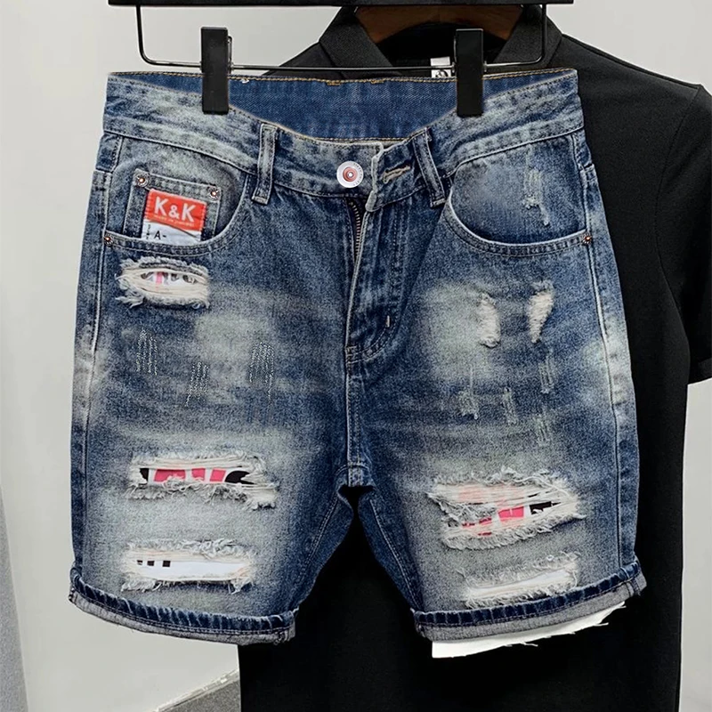 

Hip-Hop Denim Shorts Men's Summer Fashion Ripped Embroidered Rock Motorcycle Jeans Knee-Length Loose Straight Streetwear Shorts