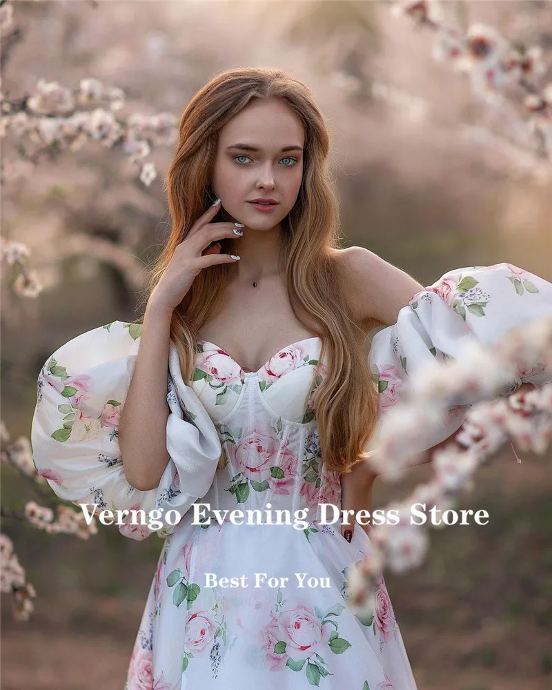 Verngo-Vestidos de Noche estampados de línea A para mujer, mangas abullonadas, escote Corazón, tren largo de 90 cm, vestidos de graduación formales elegantes, bata de matrimonio