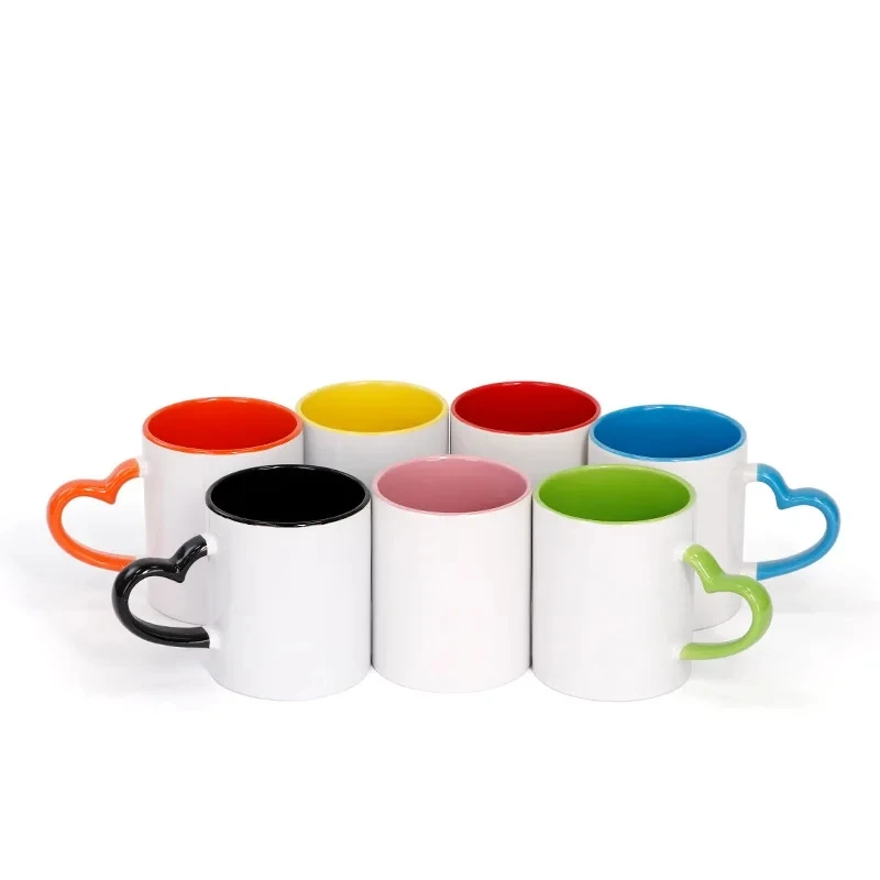 Heat Sublimation Blank Color Mug 11oz Ceramic Mug Heart Round Handle Coffee Tea Cup For Customized Logo Picture Print