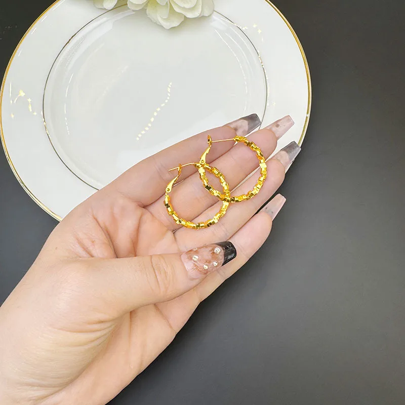 Luxury 24K 9999 Pure Gold real gold Women's Twist Ear Ring Temperament Exaggerated Geometric Circle Earrings