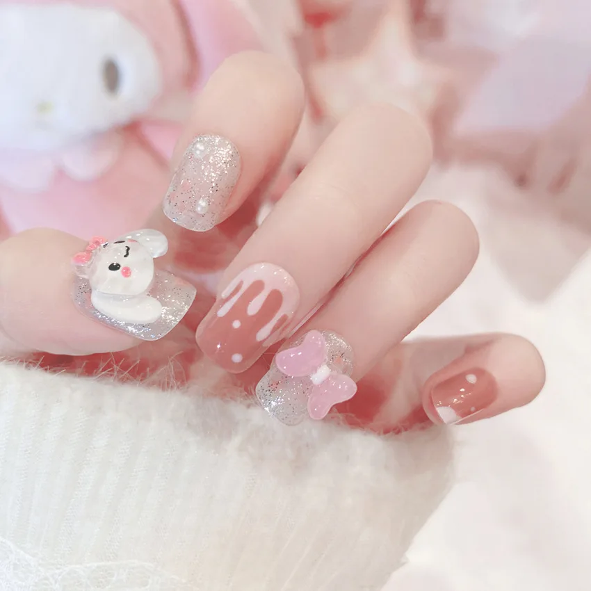 24 Stuks Kawaii Cinnamoroll Kunstnagels Cartoon Kuromi/Hello Kitty Volledige Dekking Nep Nagels Tip Vrouwen Meisje Wearable Druk op Nagels
