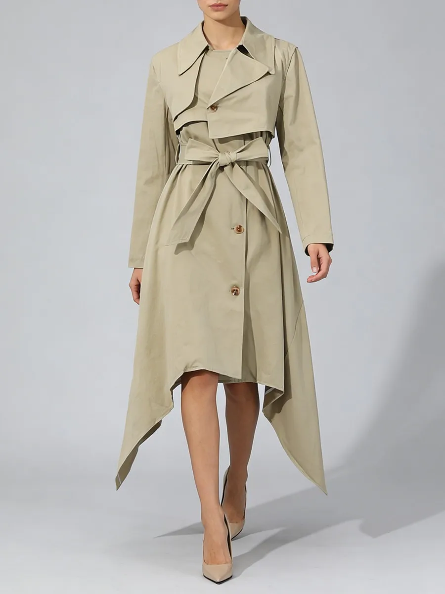TWOTWINSTYLE Fashion Spliced Lace Up Irregular Long Trench for Women Lapel Long Sleeves High Waist Casual Trenchs Female Clothes