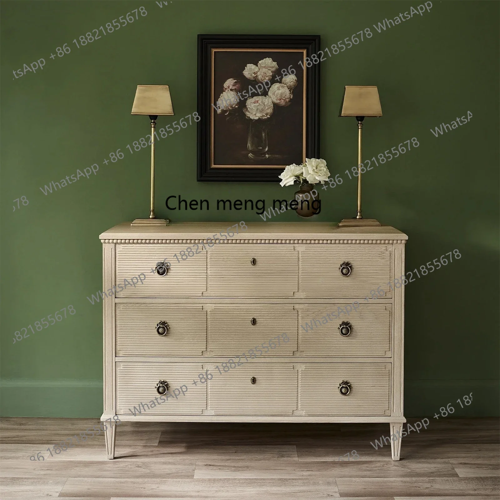 X Solid wood three-bucket cabinet hand-carved bedroom drawer storage side cabinet dresser