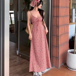 Sexy Backless Red Plaid Dress Women Summer Sweet Skinny Spaghetti Strap Dress Pretty Style Chic Elegant Party Night Vestidos