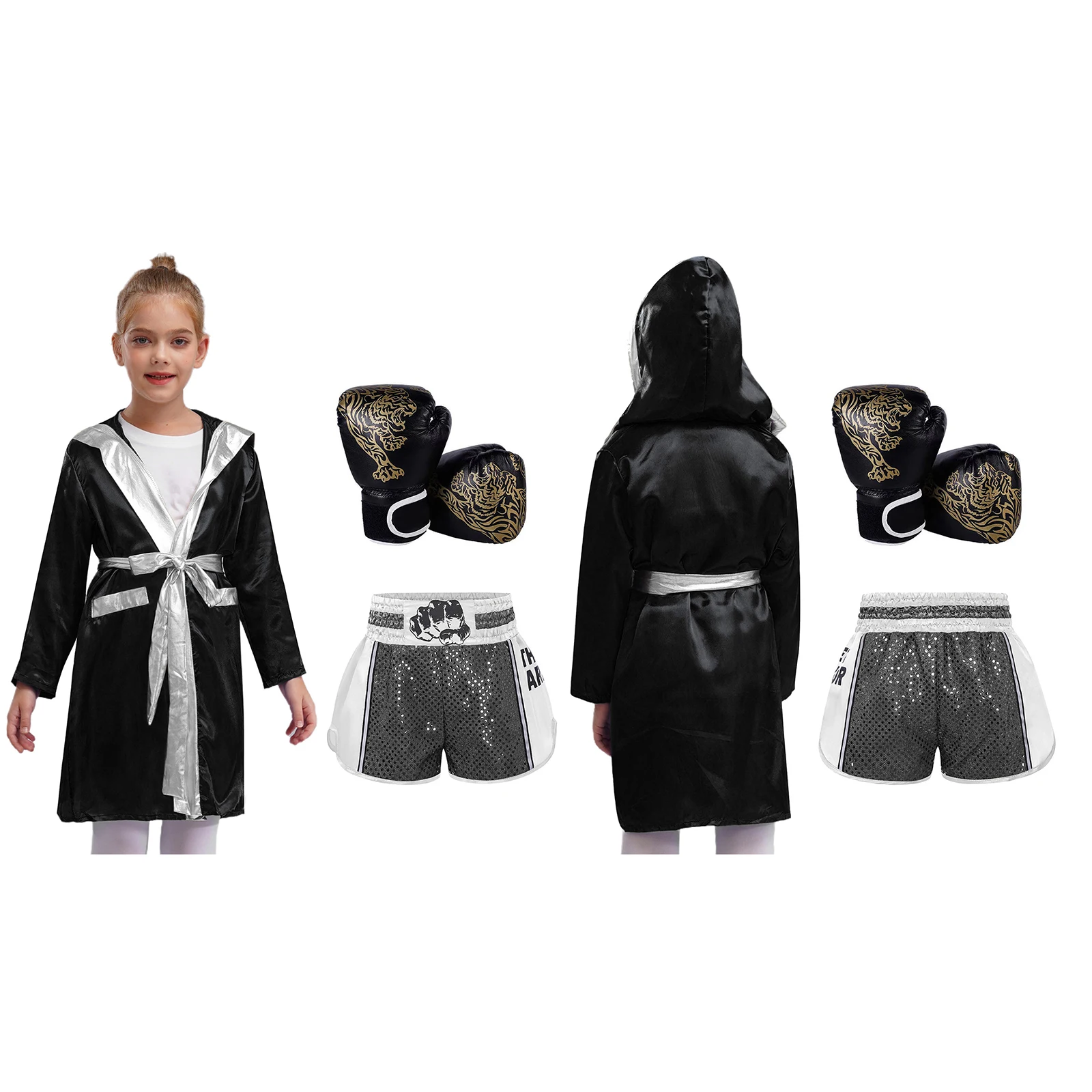 Kids Boxer Cosplay Performance Costume Boxing Training Robe Long Sleeve Satin Hooded Cloak with Belt Set for Halloween Carnival