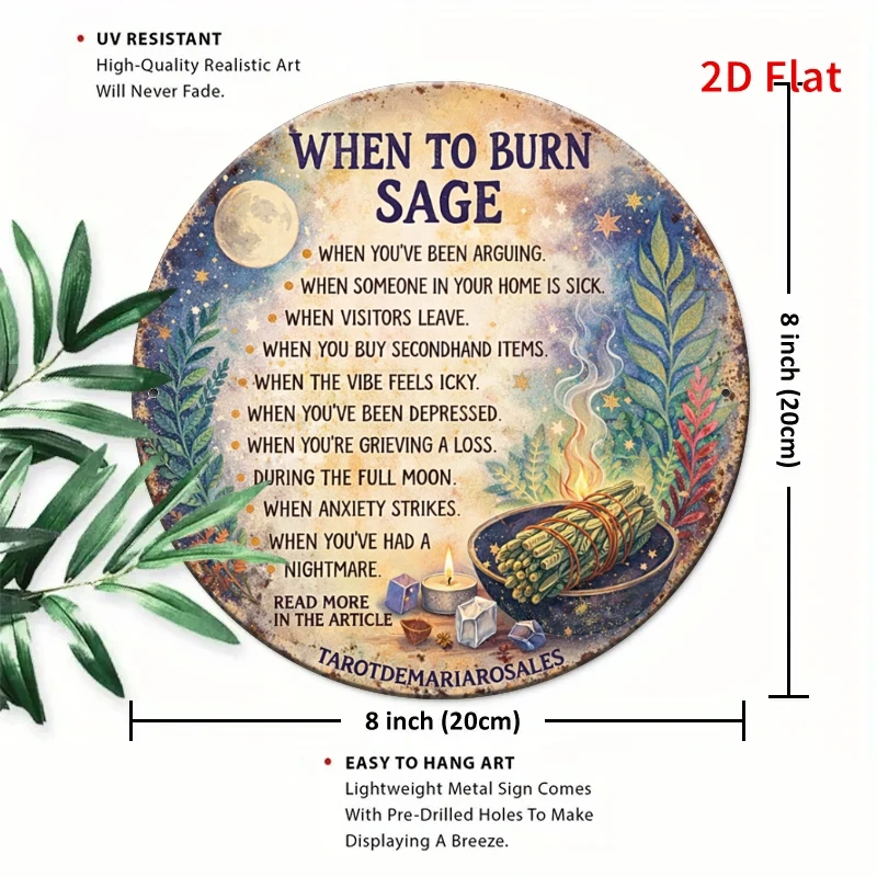 2D Flat, [2Dflat] 1pc 20x20cm Aluminum Sign- When to Burn Sage Spiritual Tin Sign Wellness Wall Decor for Home Meditation Room G