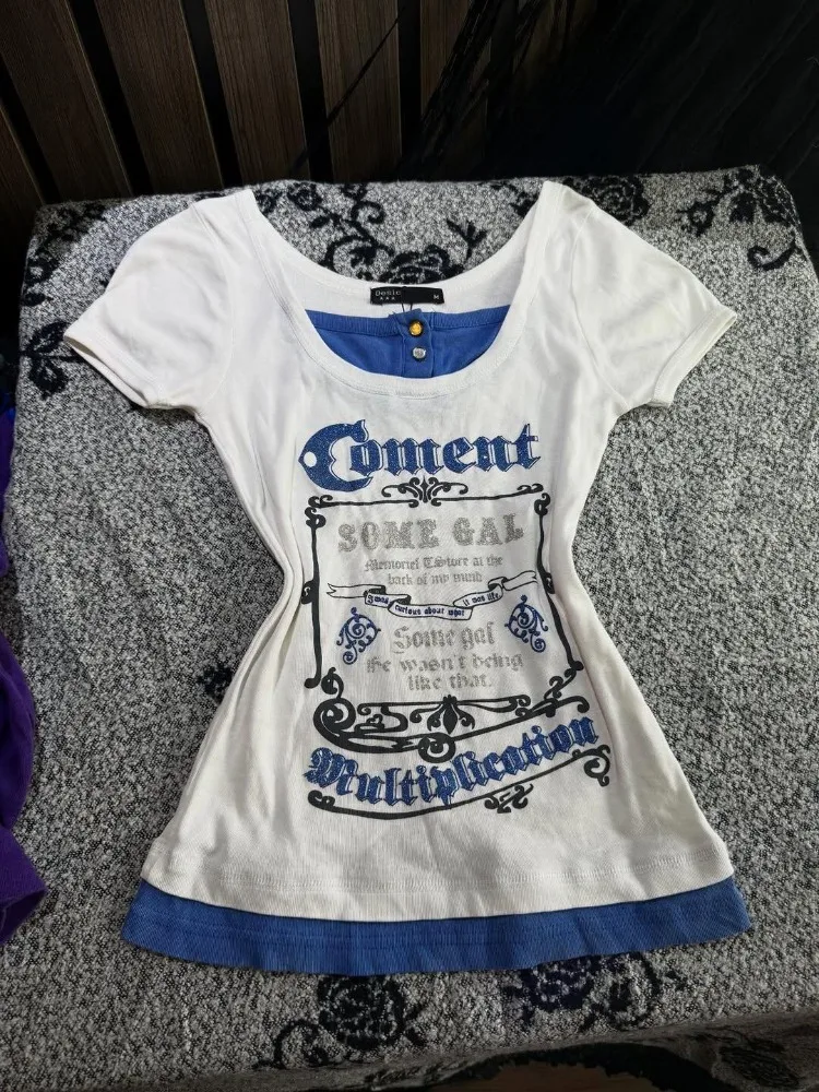 American Retro Spice Girl T-shirt Y2K Harajuku White Blue Patchwork Fake Two Chic Tees Street Punk Letter Print Slimming Top