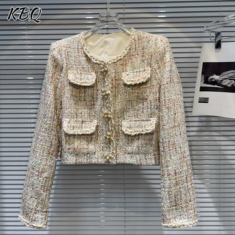 

KBQ Solid Elegant Spliced Pearl Loose Coats for Women Round Neck Long Sleeve Patchwork Pockets Chic Coat Female Fashion Style