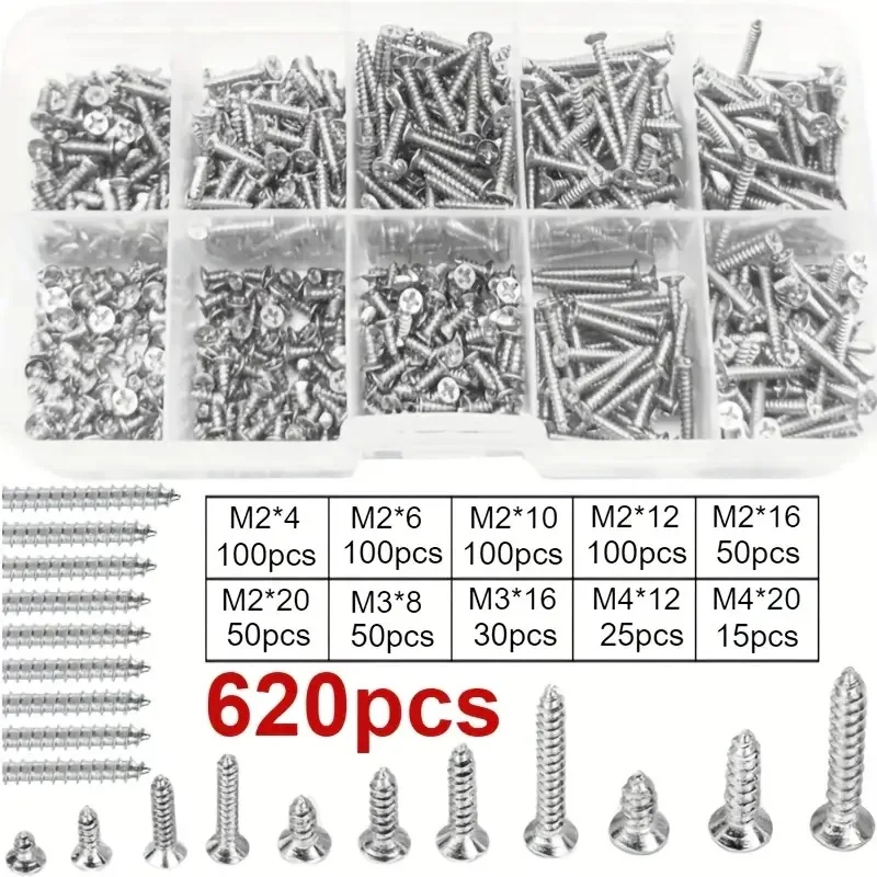 1 Kit Mix Sizes M1.2 M1.4 M1.7 M2 M3 M4 Phillips Flat Countersunk Round Pan Head Wood Self Tapping Screw Set 304 Stainless Steel