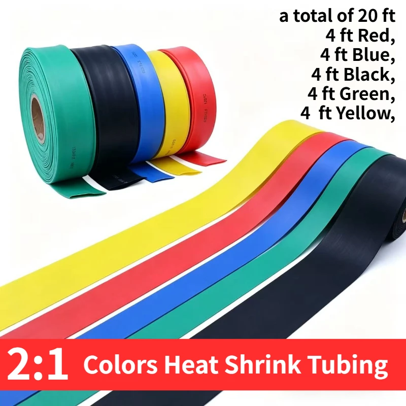 6m Heat Shrink Tubing 2:1, 30-50mm, Wire Insulation and Wiring Accessories（4 ft Black,  Red, Blue，Green&Yellow a total of 20 ft）