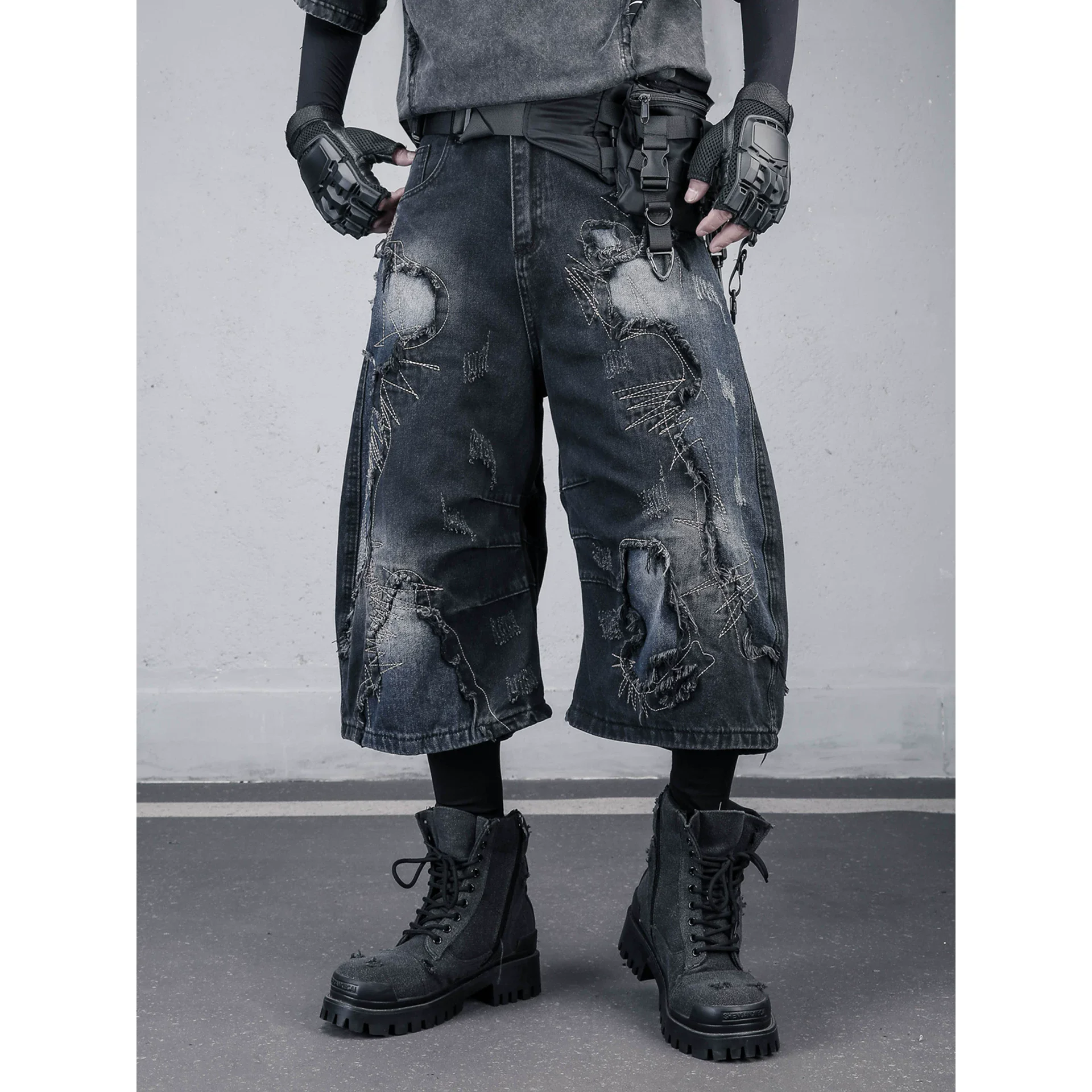Wasteland Heavy Industry Patchwork Washed Distressed Denim Shorts Men Loose Wide Leg 3/4 Length Capri Jeans