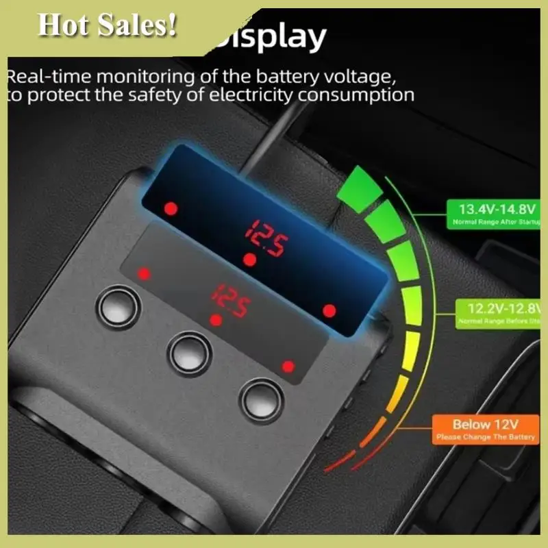 

-ABGQ 180W Car Cigarette Lighter Multi Triple Splitter With Switch Digital Voltage Display 4 USB Ports Type C Charger Adapter