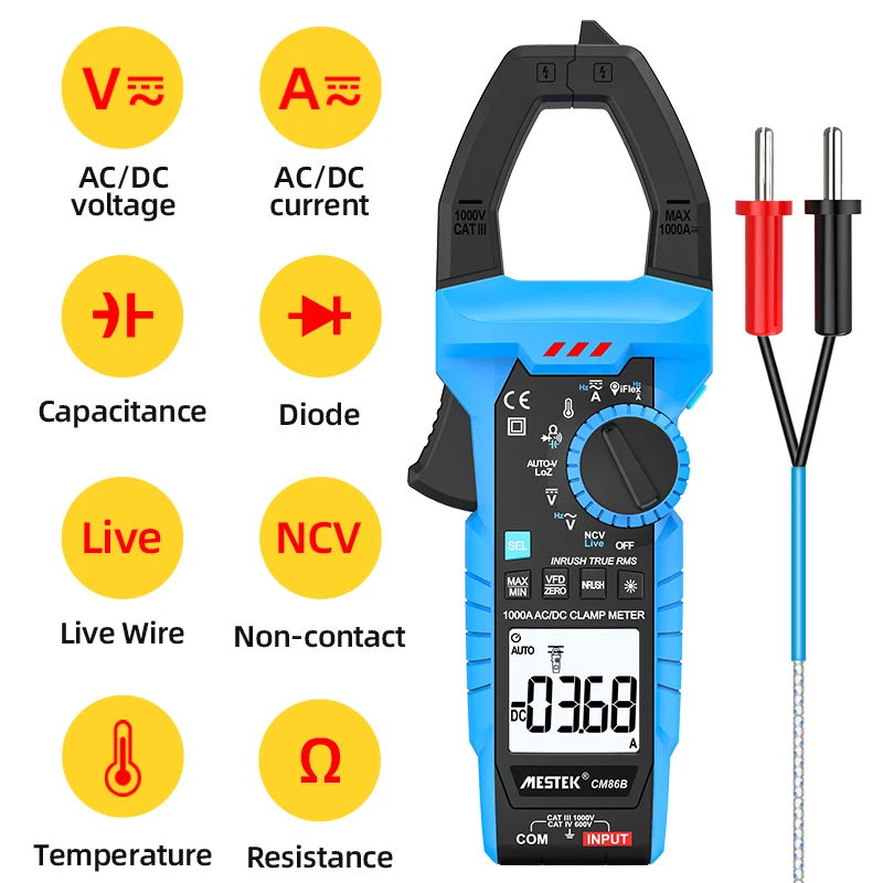 Imagem -02 - Amperométrica Braçadeira Medidor de Precisão Alicates Amperímetro Mestek 1000a ac dc Corrente Multímetro Iflex Braçadeira para 3000a Cm86b Profissional