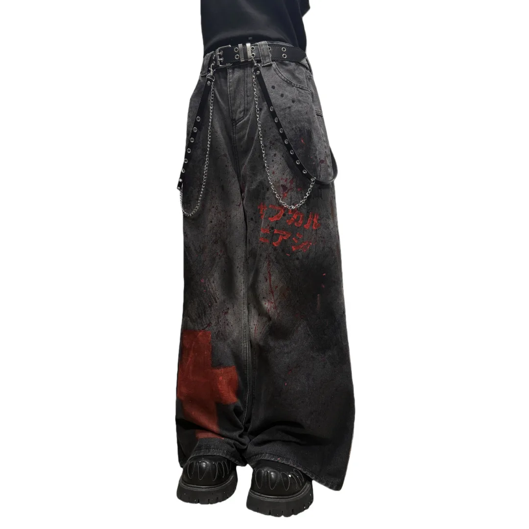 Gothic Punk Unisex Jeans 2025 Autumn Unisex Jeans Wasteland Y2K Aesthetic Hand Painted Distressed Washed Denim Wide Leg Pants