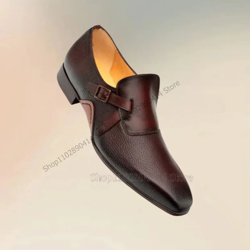 

Brown Lychee Print Buckle Decor Square Toe Loafers Fashion Slip On Men Shoes Luxury Handmade Party Feast Office Men Dress Shoes