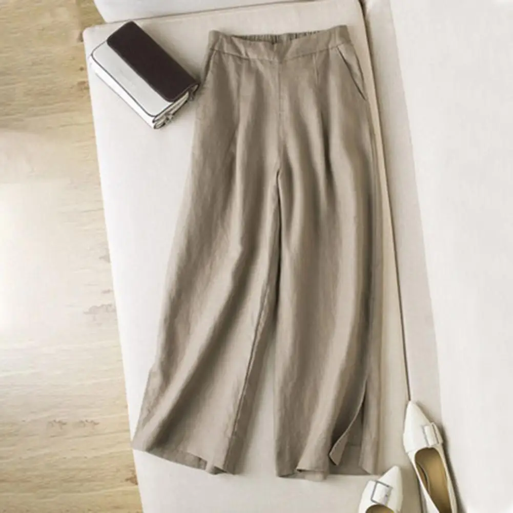 Solid Color Loose Trousers Loose Fit Wide-leg Pants Stylish Women's Wide-leg Pants with Elastic Waist Pockets for Casual