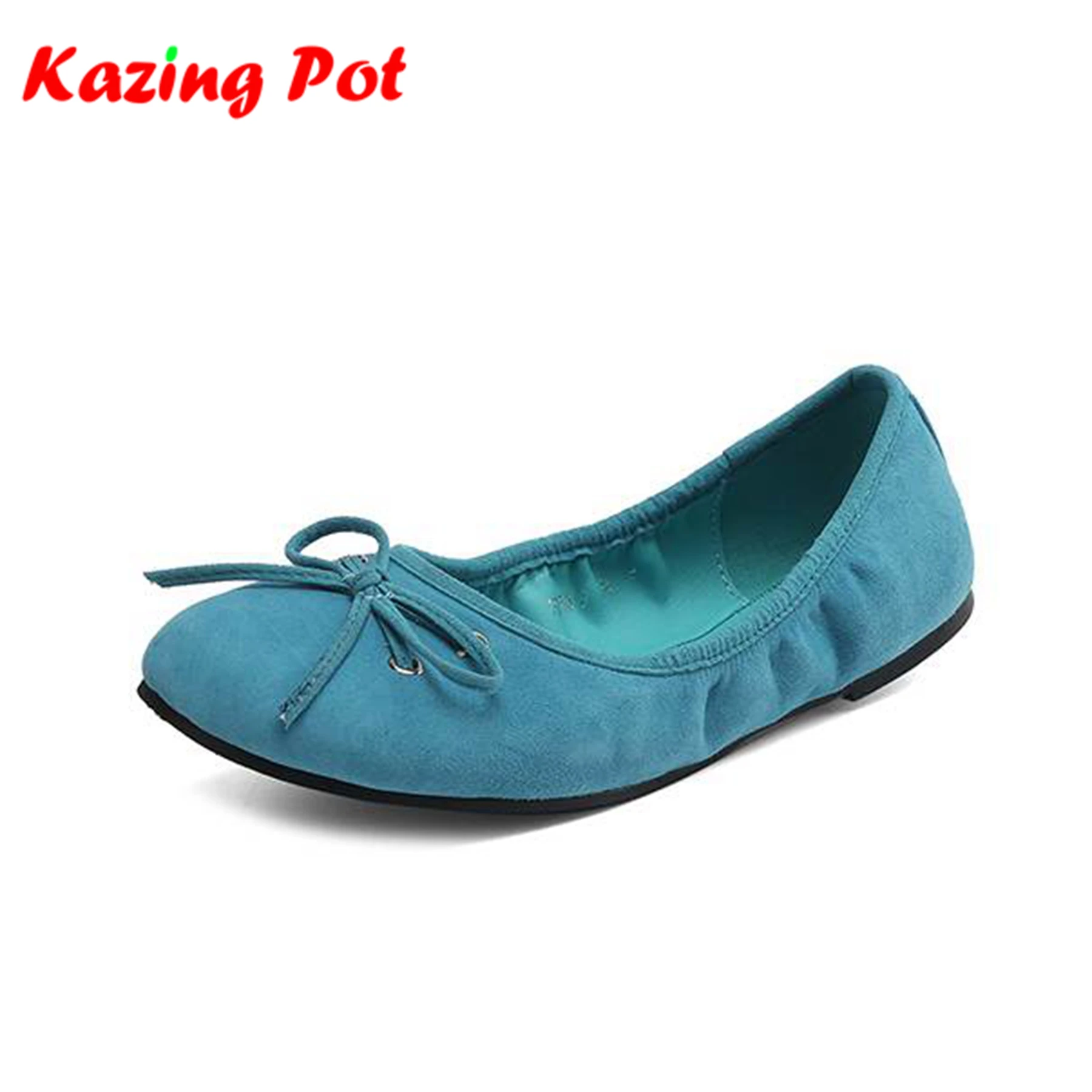 Krazing Pot Sheep Suede Round Toe Women Summer Modern Street Wear Ballet Dancer Shallow Butterfly-knot Pleated Cozy Soft Flats