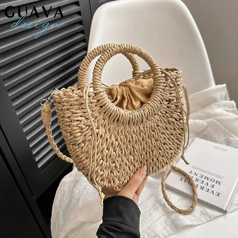 

New Half Round Straw Bags For Women Summer Beach Rattan Bag Handmade Woven Half Moon Crossbody Handbags Bohemia