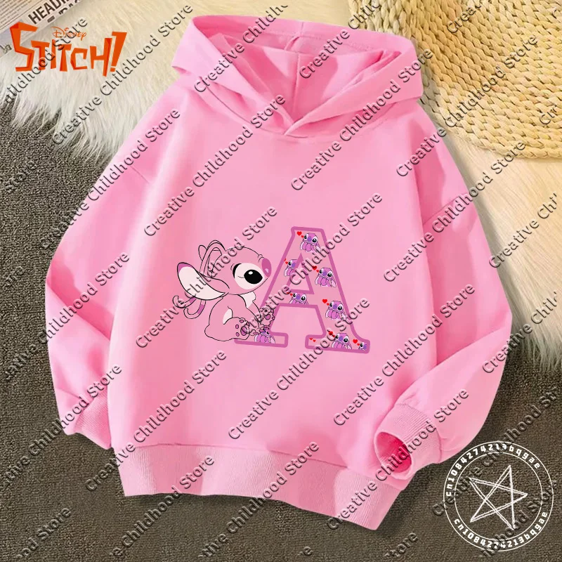 Stitch Angel Letter A-Z Hoodies Girls Disney Anime Sweatshirt Kids spring and autumn Warm Pullover Tops Children Clothes Gift