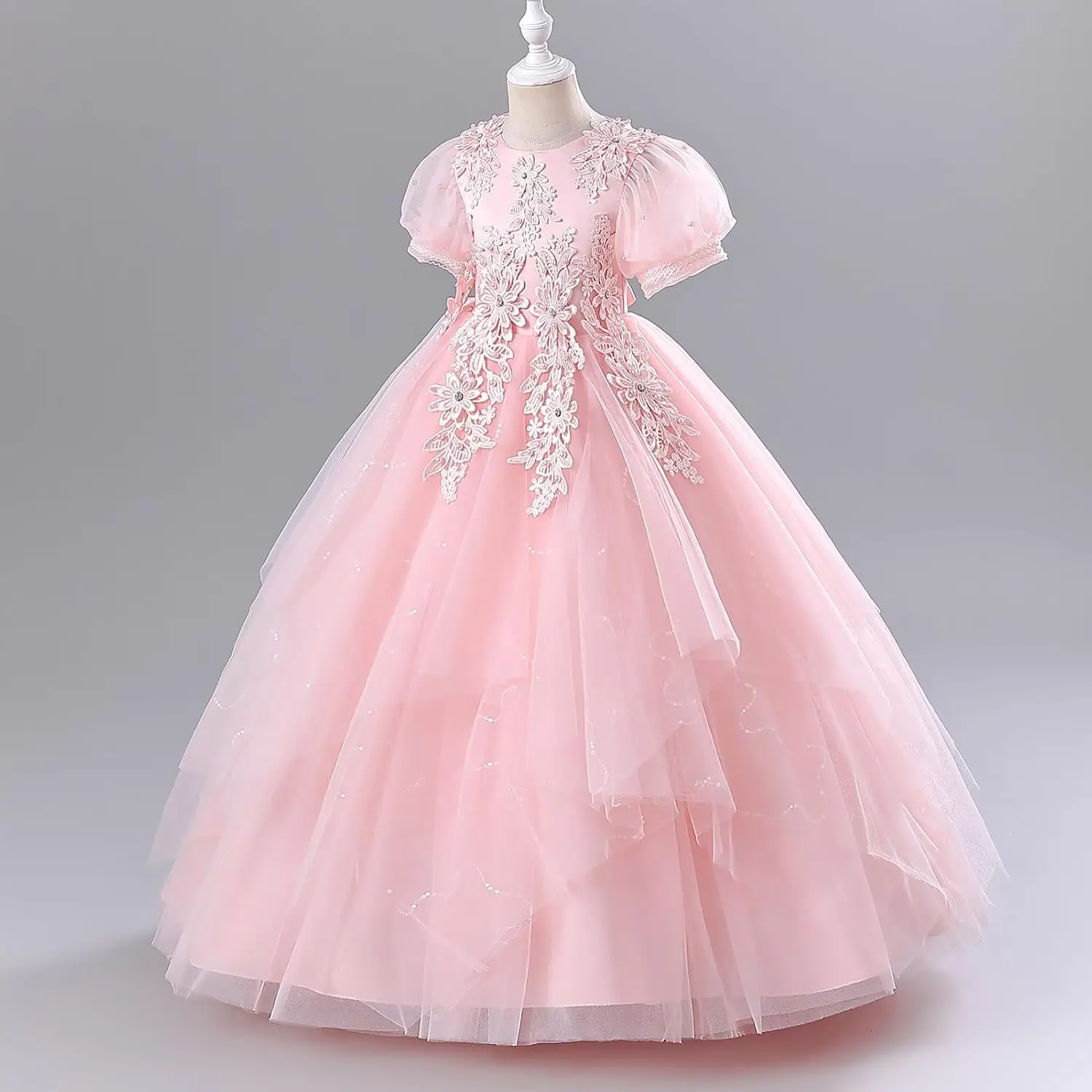 زهرة فتاة الترتر ملصق فستان الأطفال الزفاف وصيفة الشرف ، الأميرة حفلة عيد ميلاد الكرة الشيفون ثوب مسائي بالتواصل اللباس