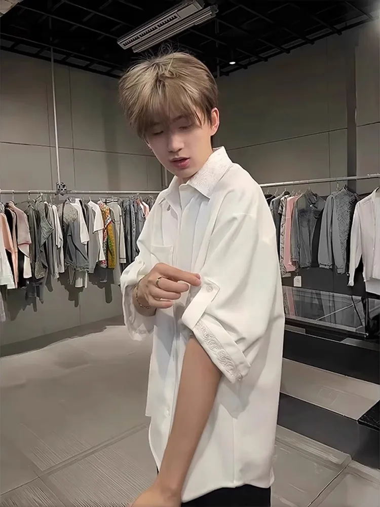 

New Chinese Sle Eternal Flower Embroidery Ice Silk White Men's Summer irt High-End Foldable Sve ort Sve irt