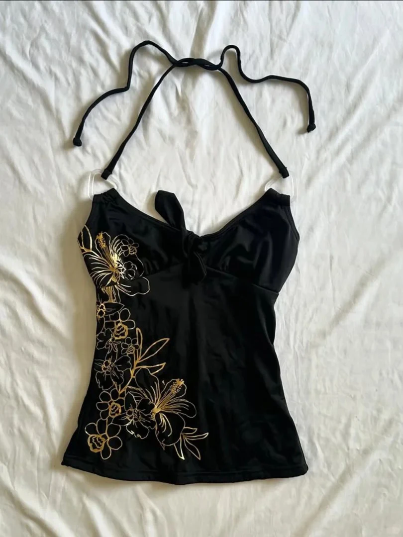 

Винтажный топ-халтер в стиле Y2K 2000-х, панк-готика, сексуальная женская одежда, эстетика Харадзюку, с принтом, без спинки, базовый, летний, эмо-футболка, модный