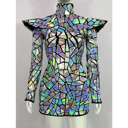 Glitter Silver Laser Mirror Sequins Short Dress Bar Nightclub Women Singer Stage Performance Costume Party Show Dance Clothes