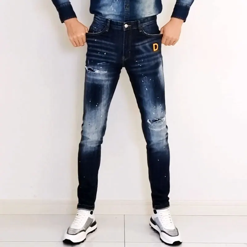 Street fashion men's jeans high-quality elastic slim fit ripple retro blue jeans men's embroidery designer denim brand pants Hom