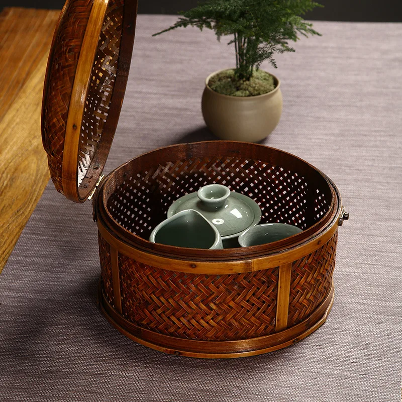 

Handmade Vintage Bamboo Woven Storage Box with Lid - Antique Tea Set Organizer, Cosmetic Jewelry Decorative Trunk Dropshipping