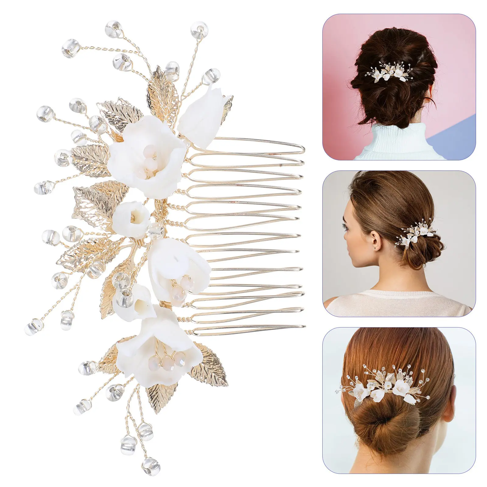 Bridal Hair Comb Faux Pearl Ceramic Alloy Handcrafted Leaf Design Water Droplet Beads Vintage Wedding Headpiece for Bride