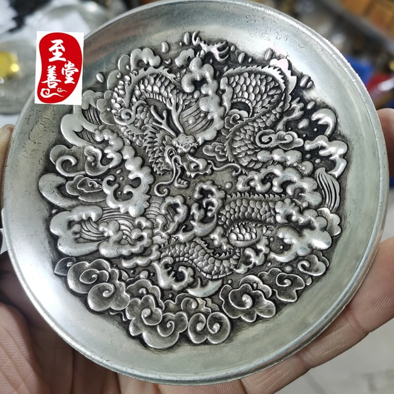 Antique collection white copper silver plated copper panlong plate dish pen wash diameter 10CM copper wind