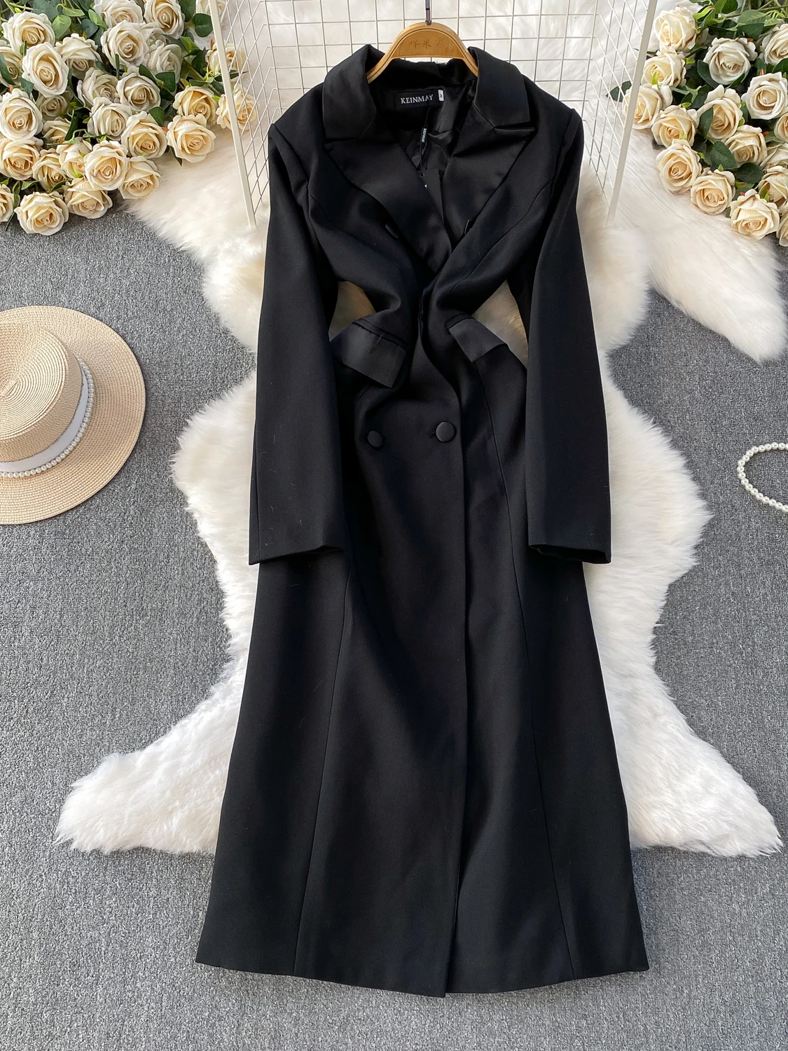 레트로 브리티 슬레 블라 슈트 칼라 드 여성용 신상 더블 버튼 허리 조임 슬림핏 미디 길이 코트 자켓